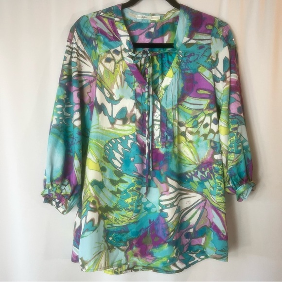 Gibson blouse with a vibrant, multi-color v- neck three-quarter sleeves Size:S - Picture 1 of 12